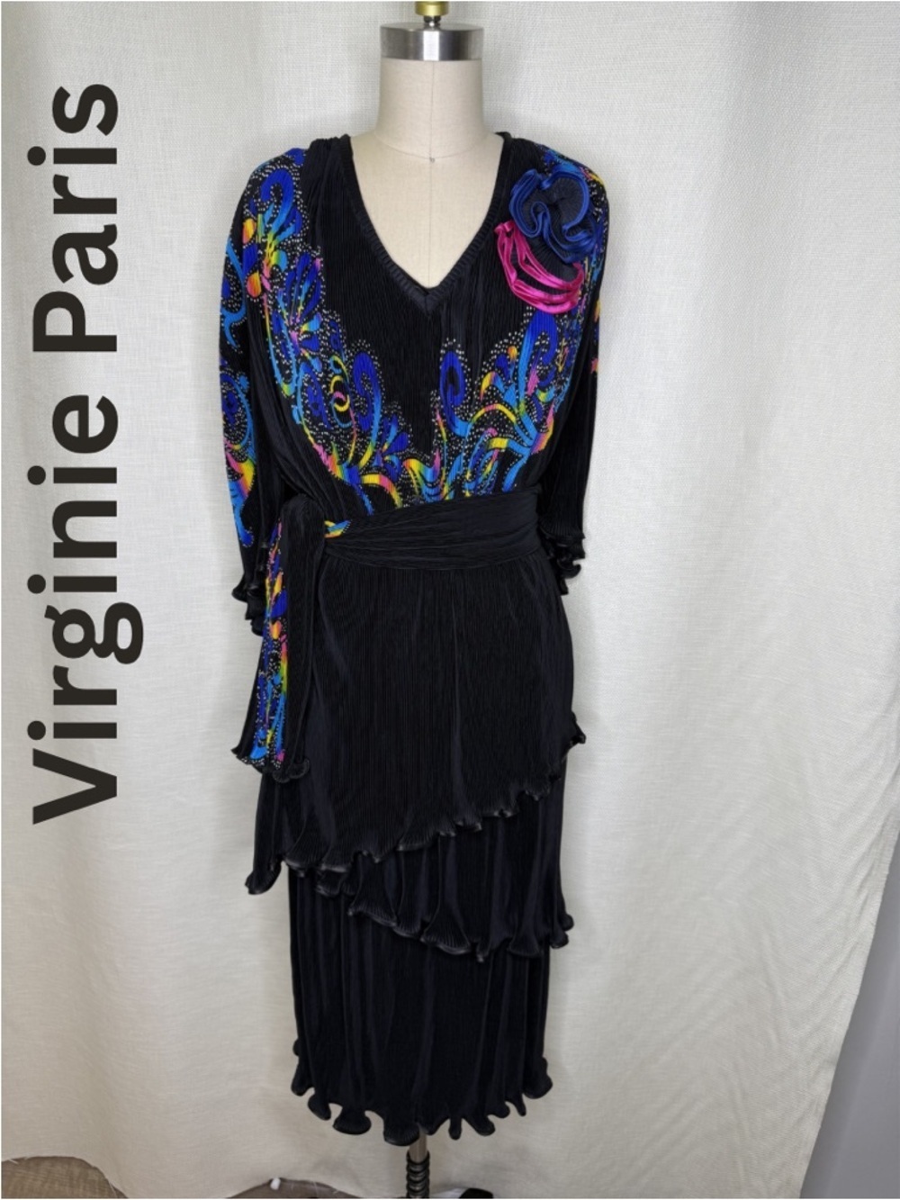 Virginie Paris Pleated Dress Black Colorful Print Vintage EUC M/L